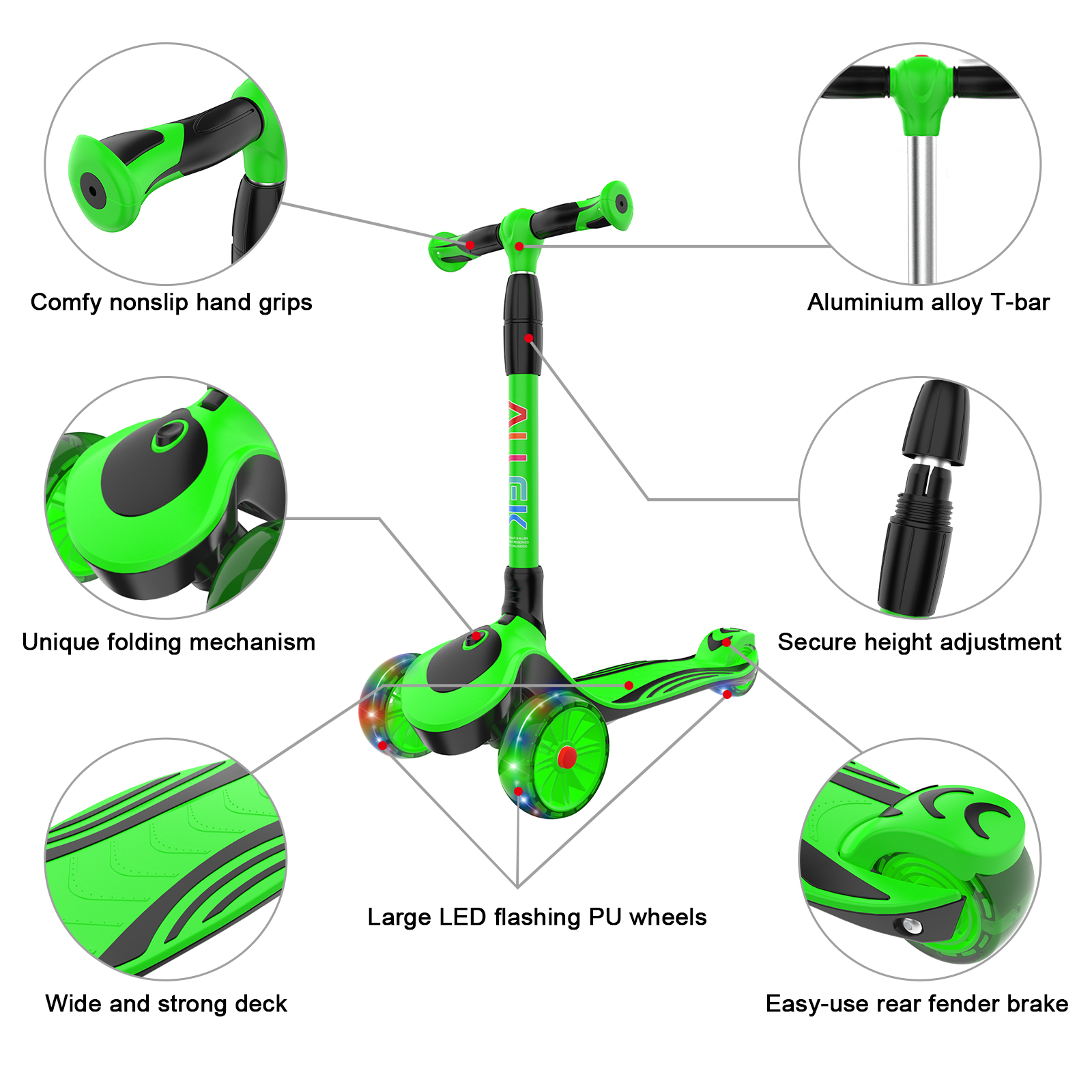 Dual Color Anti-Slip Wide Deck for Boys Girls 3-12 3-Wheel LED Flashing Glider Push Scooter with Height Adjustable and Foldable Handlebar Allek F01 Folding Kick Scooter for Kids 